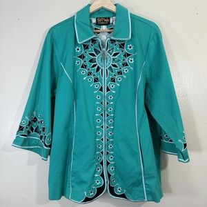 Bob Mackie Women's 1X Wearable Art Embroidered Cutout Jacket Green Full Zip